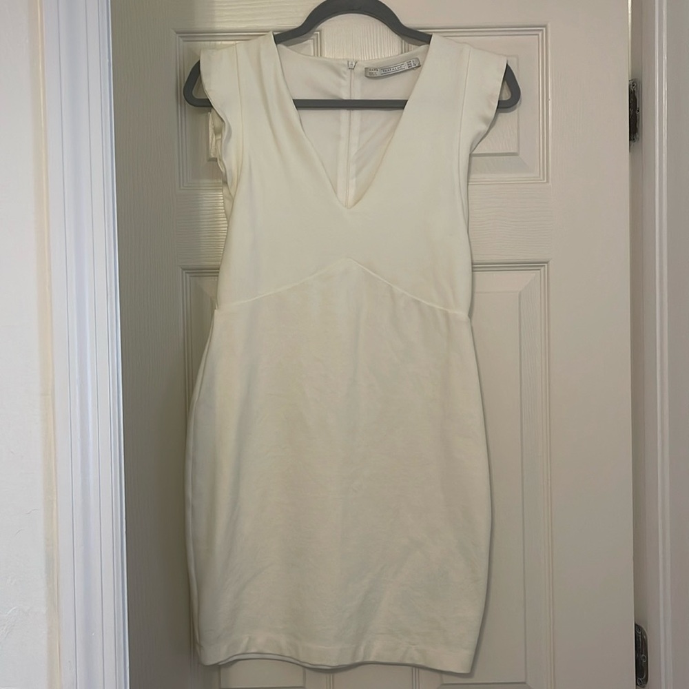 Zara White Ruffle Sleeve Dress, Size L